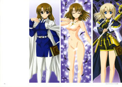 Rule 34 | 1girl, absurdres, angry, blonde hair, blue eyes, blush, book, breasts, brown hair, censored, closed eyes, convenient censoring, feathers, fingerless gloves, frown, gloves, hair ribbon, henshin, higa yukari, highres, jewelry, lyrical nanoha, magic circle, mahou senki lyrical nanoha force, military, military uniform, necklace, no nipples, nude, official art, pantyhose, pencil skirt, ribbon, schwertkreuz, short hair, side slit, skirt, smile, staff, tome of the night sky, transformation, uniform, unison (nanoha), vest, white pantyhose, yagami hayate