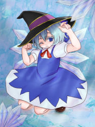 Rule 34 | 1girl, bad id, bad pixiv id, blue eyes, blue hair, bow, cirno, hat, ice, lr hijikata, lr sayou, matching hair/eyes, short hair, solo, embodiment of scarlet devil, touhou, wings, witch hat