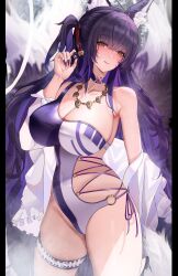 Rule 34 | 1girl, :p, absurdres, animal ear fluff, animal ears, azur lane, bare shoulders, black hair, blush, breasts, claws, cleavage, facial mark, fox ears, fox girl, fox tail, hair ornament, highres, jewelry, large breasts, long hair, looking at viewer, magatama, magatama necklace, musashi (azur lane), necklace, one-piece swimsuit, ren (2993), single bare shoulder, solo, swimsuit, tail, tomoe (symbol), tongue, tongue out, very long hair, yellow eyes