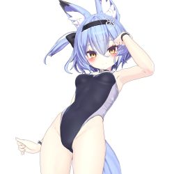 Rule 34 | 1girl, 3d, absurdres, animal ear fluff, animal ears, armadillon, armpits, bare shoulders, bell, blue hair, blush, bracelet, breasts, collar, competition swimsuit, cowboy shot, fox ears, fox girl, fox tail, groin, hair between eyes, hair ribbon, highleg, highleg swimsuit, highres, impossible clothes, impossible swimsuit, jewelry, looking at viewer, navel, neck bell, one-piece swimsuit, one eye closed, original, ribbon, short hair, small breasts, smile, solo, standing, swimsuit, tail, vrchat, yellow eyes, yuuko-zoku no onee-chan