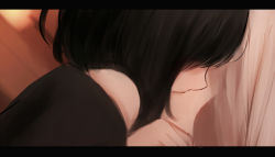 Rule 34 | 2girls, bare shoulders, black hair, black shirt, blurry, blurry background, depth of field, facing away, hand on another&#039;s shoulder, letterboxed, long hair, multiple girls, off-shoulder shirt, off shoulder, original, shimmer, shirt, white hair, yuri