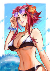 Rule 34 | abiiii, adjusting eyewear, bikini, black bikini, breasts, commission, curvy, flower, hair flower, hair intakes, hair ornament, hand on eyewear, highres, inflatable toy, izayoi aki, jewelry, large breasts, looking at viewer, medium hair, necklace, pixiv commission, red hair, shiny skin, smile, sunglasses, swimsuit, wide hips, yu-gi-oh!, yu-gi-oh! 5d&#039;s