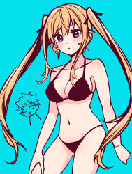 1boy 1girl absurdres bare_arms bare_shoulders bikini black_bikini blonde_hair blush breasts cleavage collarbone cowboy_shot green_background hair_ribbon highres large_breasts long_hair nakiri_erina navel purple_eyes ribbon shokugeki_no_souma solo_focus stomach swimsuit toy-black twintails yukihira_souma