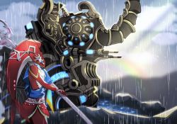 Rule 34 | 1girl, blue sash, bracelet, colored skin, elephant, fins, fish girl, from side, hair ornament, highres, holding, holding trident, holding weapon, jewelry, kuroitubu, mipha, monster girl, multicolored skin, nintendo, outdoors, polearm, rain, red skin, sash, standing, the legend of zelda, the legend of zelda: breath of the wild, trident, vah ruta, water, weapon, white skin, zora