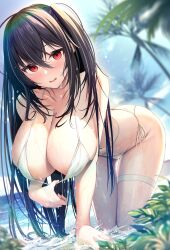 Rule 34 | 1girl, all fours, ass, azur lane, bikini, bikini pull, black hair, blurry, blurry background, blush, breasts, butt crack, cleavage, cleavage reach, clothes pull, collarbone, commentary, crossed bangs, day, hair between eyes, highres, hukairi botan, large breasts, long hair, looking at viewer, ocean, official alternate costume, open mouth, outdoors, palm tree, red eyes, side-tie bikini bottom, smile, solo, swimsuit, taihou (azur lane), taihou (seaside daydreams) (azur lane), teeth, thigh strap, tree, upper teeth only, very long hair, wet, white bikini