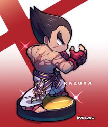 Rule 34 | 1boy, amiibo, black hair, character name, fighting stance, from side, gloves, gradient background, kotorai, male focus, mishima kazuya, nintendo, red gloves, scar, scar on arm, scar on back, scar on face, shirt, signature, sparkle, standing, studded gloves, super smash bros., tekken, thick eyebrows, toeless footwear, toenails, topless male, v-shaped eyebrows, white shirt