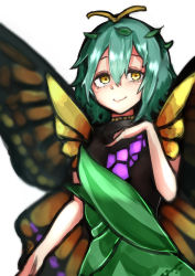 Rule 34 | 1girl, antennae, aqua hair, bad anatomy, bad arm, butterfly wings, closed mouth, dress, eternity larva, fairy, green dress, hair between eyes, highres, insect wings, leaf, leaf on head, multicolored clothes, multicolored dress, one-hour drawing challenge, short hair, short sleeves, simple background, smile, solo, takena-c, touhou, upper body, white background, wings, yellow eyes