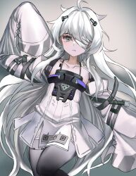 Rule 34 | 1girl, absurdres, ahoge, bandage over one eye, bare shoulders, detached sleeves, dress, flat chest, green eyes, grey background, highres, long hair, mochigana, no.21: xxi (punishing: gray raven), no.21 (punishing: gray raven), punishing: gray raven, sleeves past fingers, sleeves past wrists, very long hair, white dress, white hair