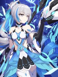 Rule 34 | 1girl, absurdres, bare shoulders, blue hair, breasts, bronya zaychik, bronya zaychik (herrscher of truth), broseele, closed mouth, colored inner hair, cowboy shot, dress, drill hair, grey eyes, grey hair, hair between eyes, halo, highres, holding, holding polearm, holding weapon, honkai (series), honkai impact 3rd, long hair, multicolored hair, polearm, ponytail, small breasts, smile, solo, thighhighs, weapon, white thighhighs