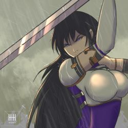 Rule 34 | 1girl, angry, armor, artist name, ayra (fire emblem), black hair, breastplate, cloud, cloudy sky, commentary, dress, elbow gloves, english commentary, fire emblem, fire emblem: genealogy of the holy war, fire emblem heroes, gloves, highres, holding, holding sword, holding weapon, ihsnet, long hair, nintendo, purple dress, purple eyes, rain, shoulder armor, sky, solo, pauldrons, sword, upper body, watermark, weapon, white gloves