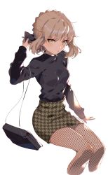 Rule 34 | 1girl, absurdres, alternate costume, arm up, artoria pendragon (all), artoria pendragon (fate), arutera, bad proportions, bag, black shirt, blonde hair, breasts, casual, cropped legs, fate/grand order, fate (series), fishnet pantyhose, fishnets, green eyes, green skirt, handbag, highres, invisible chair, long sleeves, looking at viewer, miniskirt, pantyhose, print skirt, saber alter, shirt, short hair, sidelocks, simple background, sitting, skirt, small breasts, solo, tsurime, unmoving pattern, white background