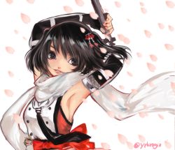 Rule 34 | 10s, 1girl, alternate eye color, alternate hair color, armpits, arms up, bad id, bad pixiv id, black eyes, black hair, black neckerchief, elbow gloves, fingerless gloves, gloves, hair ornament, holding, kantai collection, looking at viewer, neckerchief, petals, scarf, school uniform, sendai (kancolle), sendai kai ni (kancolle), serafuku, short hair, simple background, solo, torpedo, twitter username, two side up, upper body, white background, white scarf, wind, yoruko (lily-spring)
