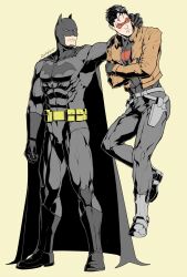 Rule 34 | 2boys, artist name, batman, batman (series), belt, black cape, black gloves, black hair, black pants, black shirt, bodysuit, boots, brown background, brown jacket, bruce wayne, cape, covered abs, crossed arms, dc comics, domino mask, evinist, father and son, gloves, grey bodysuit, highres, holding, jacket, jason todd, large pectorals, male focus, mask, multicolored hair, multiple boys, muscular, muscular male, open clothes, open jacket, pants, pectorals, red hood (dc), shirt, short hair, simple background, two-tone hair, white hair, yellow belt