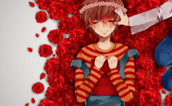 Rule 34 | 2boys, blood, blood on face, bloody tears, book, closed eyes, crown, death, flower, hand on another&#039;s head, highres, jewelry, lying, mizuoka yuuichi, multiple boys, re:kinder, red flower, red rose, ring, rose, seriko (seo77000), shirt, short hair, shunsuke (re:kinder), spoilers, striped clothes, striped shirt, suspenders, takano shunsuke, white shirt