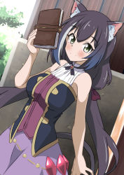 Rule 34 | 1girl, animal ear fluff, animal ears, bare arms, bare shoulders, black bow, black hair, blush, book, bow, breasts, cat ears, cat girl, cat tail, closed mouth, day, dress, green eyes, hand up, highres, holding, holding book, karyl (princess connect!), long hair, looking at viewer, low twintails, medium breasts, multicolored hair, naruse mai, outdoors, princess connect!, purple skirt, skirt, sleeveless, sleeveless dress, smile, solo, split mouth, stone wall, streaked hair, tail, tree, twintails, wall, white hair