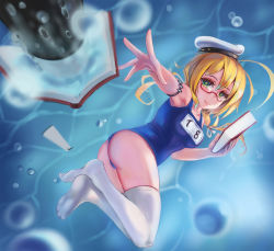Rule 34 | 10s, 1girl, ahoge, armpits, ass, blonde hair, book, bookmark, bubble, character name, chiwa (tsugumisky), closed mouth, crossed legs, full body, glasses, green eyes, hat, holding, holding book, huge ahoge, i-8 (kancolle), kantai collection, long hair, low twintails, one-piece swimsuit, open book, outstretched arm, red-framed eyewear, school swimsuit, semi-rimless eyewear, smile, solo, swimsuit, thighhighs, twintails, under-rim eyewear, water, white hat, white thighhighs