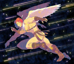 Rule 34 | 1boy, ancient greek clothes, ass, bara, full body, greco-roman clothes, male focus, muscular, muscular male, pectorals, pollux (housamo), red hair, running, short hair, sideburns, single wing, sky, solo, star (sky), starry sky, thick thighs, thighs, tokyo houkago summoners, topless male, tsuna (so da77), wings