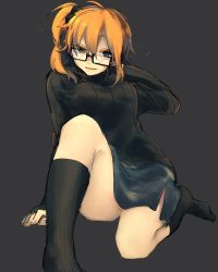 Rule 34 | 1girl, alternate costume, arm behind head, blonde hair, blue eyes, glasses, hand on own head, kagerou project, kisaragi momo, kneehighs, miniskirt, no shoes, open mouth, ribbed sweater, side ponytail, side slit, sidu (dsd kgn), simple background, sitting, skirt, smile, socks, solo, sweatdrop, sweater, thighs, turtleneck