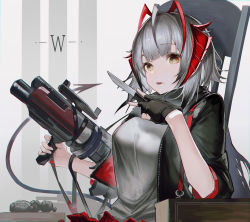 Rule 34 | 1girl, absurdres, antenna hair, arknights, black gloves, black jacket, blunt bangs, brown eyes, chair, character name, demon horns, demon tail, explosive, fingerless gloves, gloves, grenade, grenade launcher, grey hair, grey shirt, gun, highres, holding, holding gun, holding knife, holding weapon, horns, jacket, karasuro, knife, looking at viewer, medium hair, messy hair, multicolored hair, open clothes, open jacket, revolver grenade launcher, shirt, sidelocks, sitting, solo, streaked hair, tail, tongue, tongue out, upper body, w (arknights), weapon