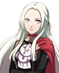 Rule 34 | 1girl, cape, ascot, edelgard von hresvelg, expressionless, fire emblem, fire emblem: three houses, gloves, hair ornament, head tilt, kokouno oyazi, long hair, looking at viewer, nintendo, purple eyes, red cape, silver hair, simple background, smile, solo, uniform, very long hair, white background