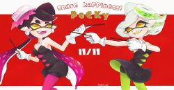 Rule 34 | + +, 2girls, bike shorts, black hair, black jumpsuit, breasts, brown eyes, callie (splatoon), cleavage, colored tongue, commentary, cousins, dated, detached collar, dress, earrings, english commentary, english text, fangs, food, food on head, gloves, gradient hair, green hair, green legwear, green tongue, grey hair, hairband, highres, holding, holding food, inkling, jewelry, jumpsuit, letterboxed, long hair, looking at another, looking back, marie (splatoon), medium dress, mole, mole under eye, multicolored hair, multiple girls, nintendo, object on head, okome 2g2g, open mouth, pantyhose, pocky, pocky day, pointing, pointy ears, purple hair, purple legwear, purple tongue, short dress, short hair, short jumpsuit, shorts under dress, smile, splatoon (series), splatoon 1, standing, strapless, strapless dress, sushi, tentacle hair, twitter username, very long hair, white gloves