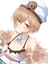 Rule 34 | 1girl, absurdres, bare shoulders, bimmy, blanc (neptunia), blue choker, blue eyes, brown hair, choker, choujigen game neptune, closed mouth, collarbone, commentary, compile heart, flat chest, hair between eyes, hat, highres, idea factory, looking at viewer, neptune (series), short hair, simple background, solo, top pull, upper body, white background, white hat