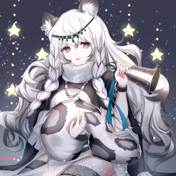 Rule 34 | 1girl, animal ear fluff, animal ears, arknights, bead necklace, beads, bell, black cape, cape, chinese commentary, commentary request, dress, gradient background, grey background, grey eyes, grey thighhighs, hair between eyes, hand up, head chain, highres, holding, holding bell, jewelry, leopard ears, leopard tail, light particles, lingshalan, long hair, looking at viewer, necklace, parted lips, pramanix (arknights), silver hair, smile, solo, star (symbol), tail, thighhighs, turtleneck, turtleneck dress, white dress, wristband