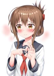 Rule 34 | 1girl, absurdres, anchor symbol, black sailor collar, blush, brown hair, commentary request, folded ponytail, gesture, hair between eyes, highres, inazuma (kancolle), kantai collection, long hair, looking to the side, neckerchief, nedia (nedia region), ok sign, penetration gesture, pointing, red neckerchief, sailor collar, school uniform, serafuku, solo, upper body, white background