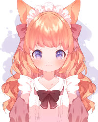 Rule 34 | 1girl, :3, animal ears, apron, black bow, black bowtie, blush, bow, bowtie, commentary request, dress, frilled hairband, frills, grey dress, hair bow, hairband, highres, long hair, looking at viewer, maid, maid headdress, mutou mato, orange hair, original, purple eyes, smile, solo, two-tone background, upper body, wavy hair, white apron