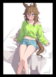 Rule 34 | 1girl, animal ears, artist name, black border, blue shorts, blush, border, breasts, brown hair, commentary request, green eyes, green shirt, grin, hair between eyes, highres, horse ears, horse girl, horse tail, long hair, long sleeves, looking at viewer, midriff, mr. c.b. (umamusume), mukakin, nervous, on bed, shirt, short shorts, shorts, simple background, single bare shoulder, small breasts, smile, solo, tail, umamusume, very long hair, white background