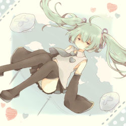 Rule 34 | 1girl, detached sleeves, green hair, hatsune miku, heart, heart on chest, long hair, necktie, panties, pantyshot, skirt, sleeves past wrists, solo, striped clothes, striped panties, tenma (xxx), thighhighs, twintails, underwear, upskirt, vocaloid