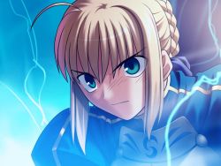 Rule 34 | 00s, 1girl, ahoge, armor, artoria pendragon (fate), blonde hair, blue eyes, determined, energy, fate/hollow ataraxia, fate/stay night, fate (series), game cg, saber (fate), sidelocks, solo, staring, takeuchi takashi