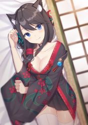 Rule 34 | 1girl, animal ears, arm up, azur lane, bad id, bad pixiv id, black kimono, black skirt, blue eyes, blurry, blush, breasts, brown hair, butterfly hair ornament, cat ears, cleavage, closed mouth, collar, commentary request, depth of field, dutch angle, floral print, fusou (azur lane), hair between eyes, hair ornament, highres, indoors, izumo neru, japanese clothes, kimono, long hair, lying, medium breasts, on side, pleated skirt, print kimono, short kimono, skirt, smile, solo, thighhighs, white thighhighs