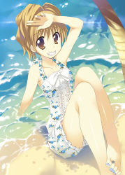 Rule 34 | 1girl, armpits, bad id, bad pixiv id, barefoot, beach, blue nails, brown eyes, brown hair, day, dress, feet, floral print, grin, highres, jewelry, nail polish, original, outdoors, smile, solo, sundress, tatami to hinoki, toe ring, toenail polish, toenails, toes, tree, water