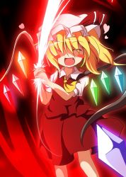 Rule 34 | 1girl, ascot, blonde hair, blush stickers, crystal, do (4-rt), fang, female focus, flandre scarlet, hat, hat ribbon, heart, open mouth, puffy sleeves, ribbon, short sleeves, side ponytail, solo, touhou, weapon, wings