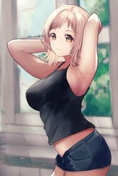 Rule 34 | 1girl, armpits, arms up, black camisole, blush, breasts, camisole, chet, crop top, denim, denim shorts, highres, idolmaster, idolmaster shiny colors, large breasts, light brown hair, light smile, looking at viewer, looking to the side, medium hair, navel, outdoors, sakuragi mano, short shorts, shorts, solo, tank top