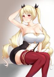 Rule 34 | 1girl, arm up, armpits, azur lane, bare shoulders, black ribbon, blonde hair, blush, breasts, cleavage, collarbone, curvy, hair ribbon, highres, kamui aya, large breasts, long hair, looking at viewer, nelson (azur lane), red thighhighs, ribbon, sitting, solo, thighhighs, twintails, very long hair