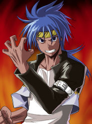 Rule 34 | 1boy, animal print, bad id, bad pixiv id, blue hair, clenched hand, cropped jacket, dark-skinned male, dark skin, eyebrows, fang, fighting stance, gousaikoo, grimace, headband, highres, kusanagi shizuma, long hair, male focus, ponytail, purple eyes, real bout high school, solo, thick eyebrows, tiger print