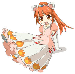 Rule 34 | 00s, 1girl, arm support, blush, brown hair, dress, elbow gloves, fang, flat chest, fushigiboshi no futago hime, gloves, ixy, jewelry, leonne, long hair, looking at viewer, necklace, orange hair, ponytail, puffy sleeves, short sleeves, simple background, sitting, smile, solo, tiara, white background
