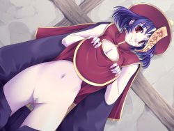 Rule 34 | 1girl, capcom, censored, china dress, chinese clothes, cleavage cutout, clothes lift, clothing cutout, dress, dress lift, jiangshi, lei lei, no panties, purple hair, pussy, red eyes, short hair, solo, vampire (game)