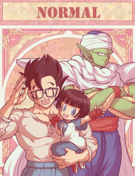 Rule 34 | 1girl, 2boys, :d, ^ ^, arm up, biceps, black-framed eyewear, black hair, blue eyes, blue pants, blunt bangs, blush, blush stickers, cape, carrying, child, closed eyes, closed mouth, collarbone, colored skin, commentary request, dougi, dragon ball, dragon ball super, dragon ball super super hero, eyelashes, father and daughter, fingerless gloves, glasses, gloves, green skin, hand up, highres, koukyouji, long sleeves, looking at viewer, multiple boys, muscular, muscular male, namekian, open mouth, pan (dragon ball), pants, piccolo, pointy ears, print shirt, rectangular eyewear, red footwear, red gloves, red sash, sash, shirt, shoes, short hair, short sleeves, shoulder pads, smile, smirk, son gohan, spiked hair, t-shirt, turban, v-shaped eyebrows, white cape, white shirt