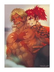 Rule 34 | abs, bara, beard, beowulf (fate), blonde hair, blush, border, caress, chinese clothes, facial hair, fate/grand order, fate (series), hand on another&#039;s face, hand on another&#039;s waist, large pectorals, li shuwen (fate), li shuwen (young) (fate), long hair, makeup, male focus, multiple boys, muscular, nipples, open mouth, pants, pectorals, ponytail, red eyes, scar, simple background, smile, spiked hair, sweat, tattoo, teeth, topless male, upper body, white border, yamanome, yaoi