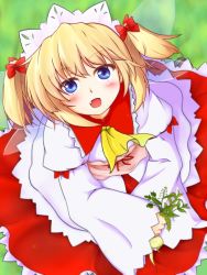 Rule 34 | 1girl, ascot, blonde hair, blue eyes, blush, dress, fang, female focus, from above, headdress, kazenonegura, looking up, open mouth, solo, sunny milk, touhou, twintails, wings