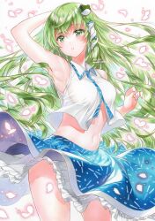 Rule 34 | 1girl, 2022, arm up, armpits, artist name, bare arms, bare shoulders, blue skirt, blush, breasts, cherry blossoms, collared shirt, colored eyelashes, commentary request, cowboy shot, crop top, curvy, dated, falling petals, floating clothes, floating hair, frog hair ornament, green eyes, green hair, hair between eyes, hair ornament, hair tubes, hand up, kochiya sanae, large breasts, long hair, looking at viewer, marker (medium), midriff, navel, nordic niku, petals, petticoat, shirt, simple background, skirt, sleeveless, sleeveless shirt, snake hair ornament, solo, thighs, touhou, traditional media, very long hair, white background, white shirt