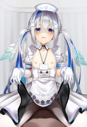 Rule 34 | 1girl, amane kanata, amane kanata (nurse), angel wings, armband, arou (arrow x666), bandaged arm, bandages, blue hair, blush, clothes lift, colored inner hair, dress, dress lift, empty eyes, flat chest, gloves, grey hair, hair ornament, hat, highres, hololive, id card, long hair, looking at viewer, multicolored hair, nipples, nurse cap, open mouth, pantyhose, parted lips, purple eyes, shaded face, sitting, sitting on person, smile, solo, twintails, very long hair, virtual youtuber, white pantyhose, wings