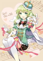 Rule 34 | &gt; &lt;, 1girl, :d, animal, apring, bad id, bad pixiv id, bow, bowtie, cape, closed eyes, crown, dated, flower, gem, gloves, green eyes, green hair, green shirt, gumi, heart, jewelry, looking at viewer, matching hair/eyes, musical note, open mouth, puffy short sleeves, puffy sleeves, quaver, red gemstone, ribbon, shirt, short sleeves, shorts, simple background, smile, solo, thighhighs, vocaloid, white gloves, white thighhighs, zettai ryouiki