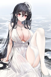 Rule 34 | 1girl, absurdres, ahoge, azur lane, bare arms, black hair, blush, breasts, cleavage, closed mouth, dress, earrings, garter straps, hair between eyes, hair ornament, high heels, highres, jewelry, knee up, large breasts, lillly, long hair, looking at viewer, necklace, official alternate costume, plunging neckline, red eyes, see-through clothes, see-through dress, sitting, solo, taihou (azur lane), taihou (temptation on the sea breeze) (azur lane), thighhighs, very long hair, water, wedding dress, white dress, white thighhighs