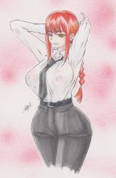 Rule 34 | 1girl, agi (gi60423540), arms behind head, arms up, belt, black necktie, braid, braided ponytail, chainsaw man, collared shirt, colored pencil (medium), formal, highres, long hair, makima (chainsaw man), necktie, nipples, no bra, office lady, orange eyes, ponytail, red hair, see-through, shirt, sidelocks, signature, solo, traditional media, white shirt