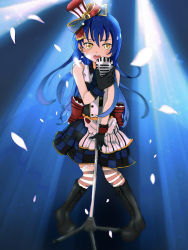 Rule 34 | 1girl, artist name, artist request, back bow, bare shoulders, black footwear, black gloves, blue bow, blue hair, blue necktie, blue ribbon, blue wrist cuffs, blush, boots, bow, breasts, cafe maid (love live!), checkered clothes, checkered skirt, collared shirt, cross-laced footwear, dress, earrings, female focus, frilled dress, frills, full body, garter straps, gloves, hair between eyes, hat, high heel boots, high heels, highres, holding, holding microphone, holding microphone stand, jewelry, long hair, looking at viewer, love live!, love live! school idol festival, love live! school idol project, microphone, microphone stand, mini hat, mini top hat, musical note, necktie, parted lips, piano print, red bow, red gloves, red wrist cuffs, ribbon, shirt, skirt, sleeveless, smile, solo, sonoda umi, striped legwear, striped necktie, tie clip, top hat, treble clef, waist cape, white shirt, wrist cuffs, yellow eyes
