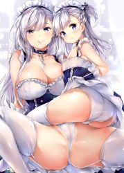 Rule 34 | 2girls, aged down, apron, ass, asymmetrical docking, azur lane, belfast (azur lane), blue dress, blue eyes, blush, braid, breast press, breasts, cameltoe, chain, chiyingzai, cleavage, cleft of venus, clothes lift, collar, collarbone, covered erect nipples, cum, cum bubble, cum in mouth, cum on body, dress, dress lift, elbow gloves, french braid, frilled gloves, frills, garter straps, gloves, large breasts, licking lips, lifting own clothes, little bel (azur lane), long hair, looking at viewer, maid, maid headdress, multiple girls, no shoes, one side up, panties, pussy, pussy peek, ribbon, see-through, silver hair, skindentation, small breasts, smile, thighhighs, tongue, tongue out, underwear, wet, wet clothes, wet panties, white gloves, white legwear, white panties, yuri